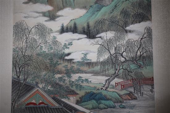 A Chinese painting on paper of sages in a pavilion, image 102cm x 41cm